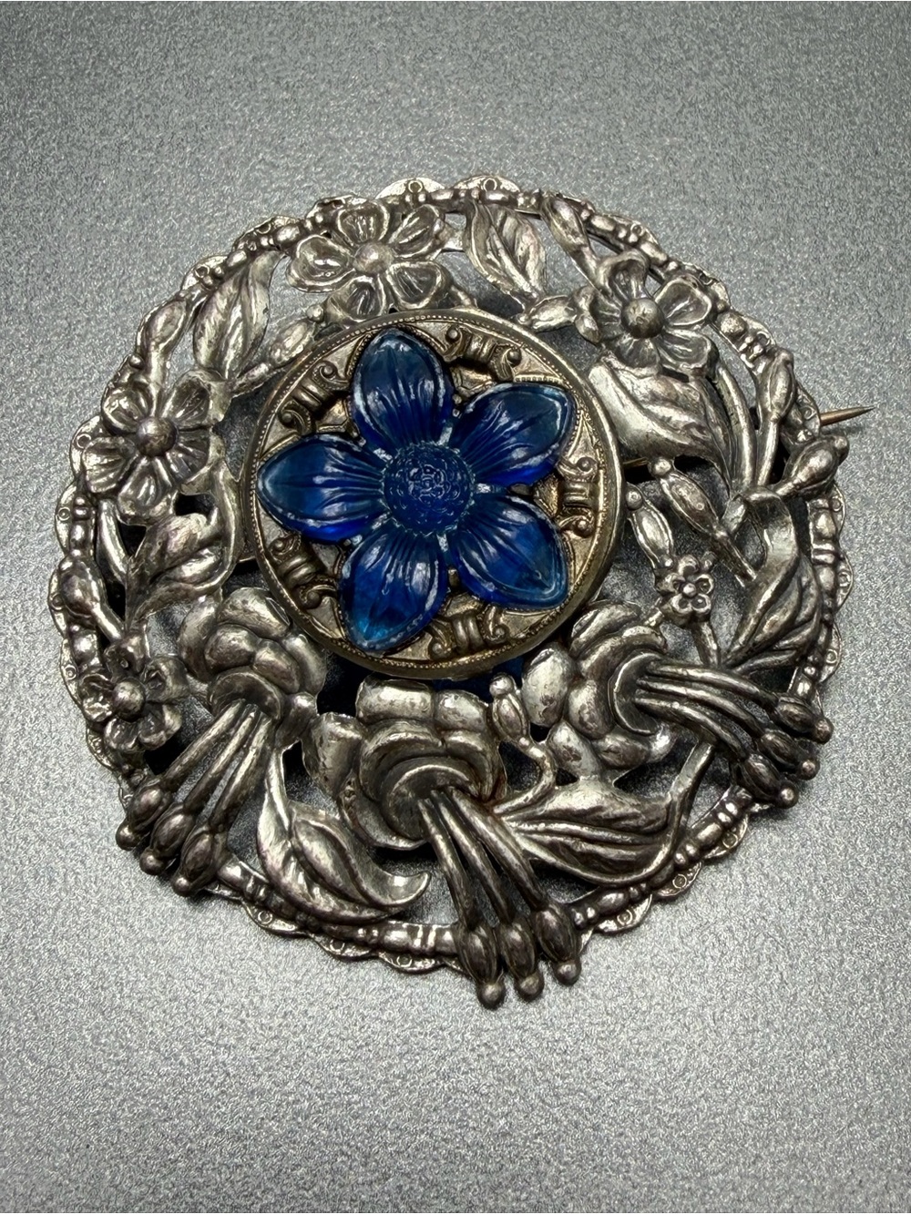 Vintage Art Nouveau  Floral Brooch with Blue Celluloid  Flower #366ub
